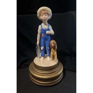 Vintage SCHMID BROS JAPAN Music Box Plays Happy Wanderer Boy with Fish & Dog